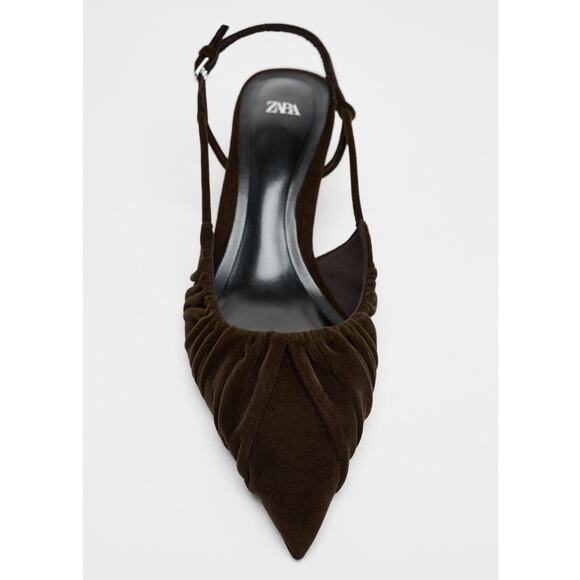 ZARA Velvet Slingback Kitten Heels NWT β Brown Ruched Pointed Toe, Size 7.5 - Picture 11 of 16